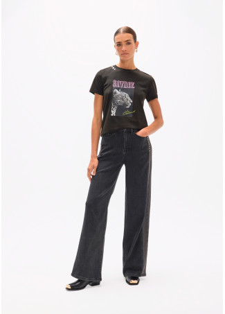 Denim Lungo Dritto con Lato Bicolore e Borchie