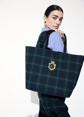 Plaid Fabric Shopper with Crest