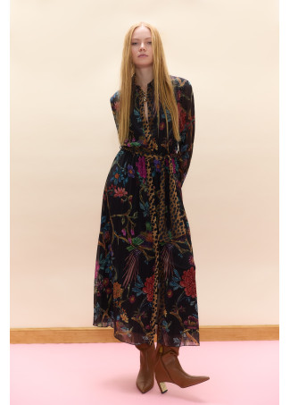 Robe midi plissée imprimée avec plastron contrasté