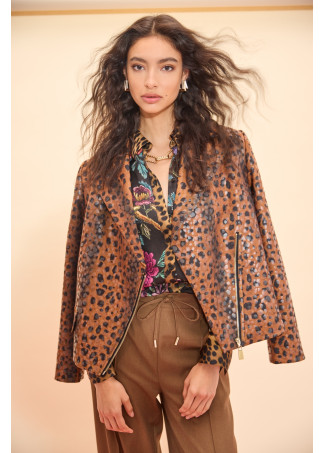 Leopardenmuster Neopren Bikerjacke mit Gürtel