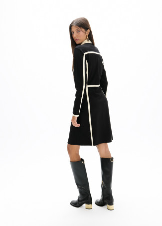 Short Roma Knit Dress, Polo Collar with Contrasting Bicolor Bands and Front Patch