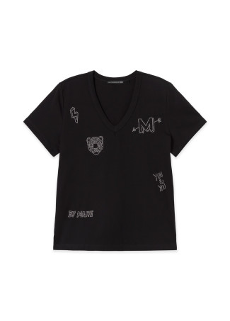 T-shirt con scollo a V con spacchi laterali, stampa in lino di cotone e mini borchie